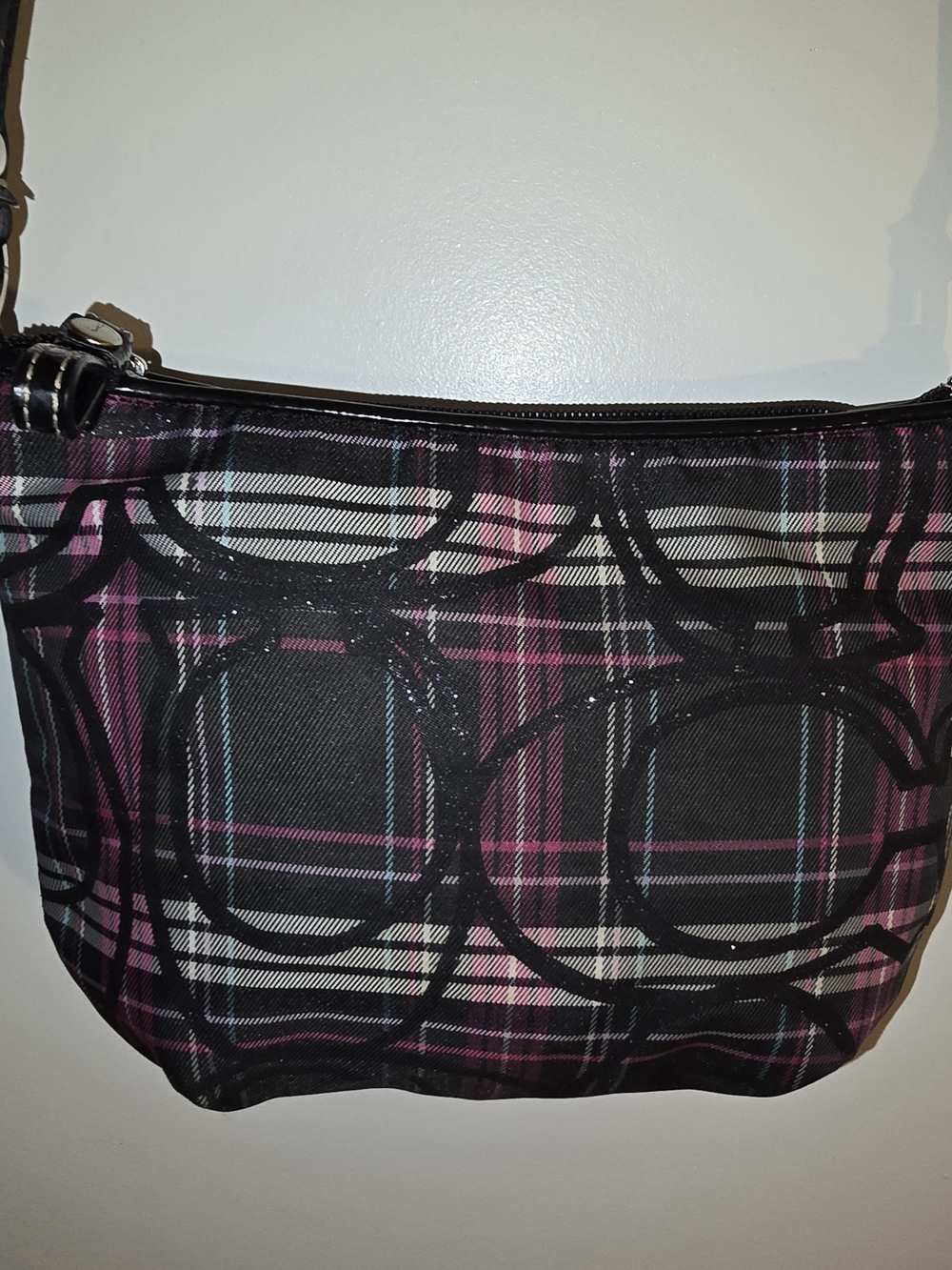 Coach Stylish Plaid Crossbody Bag in Black and Pink